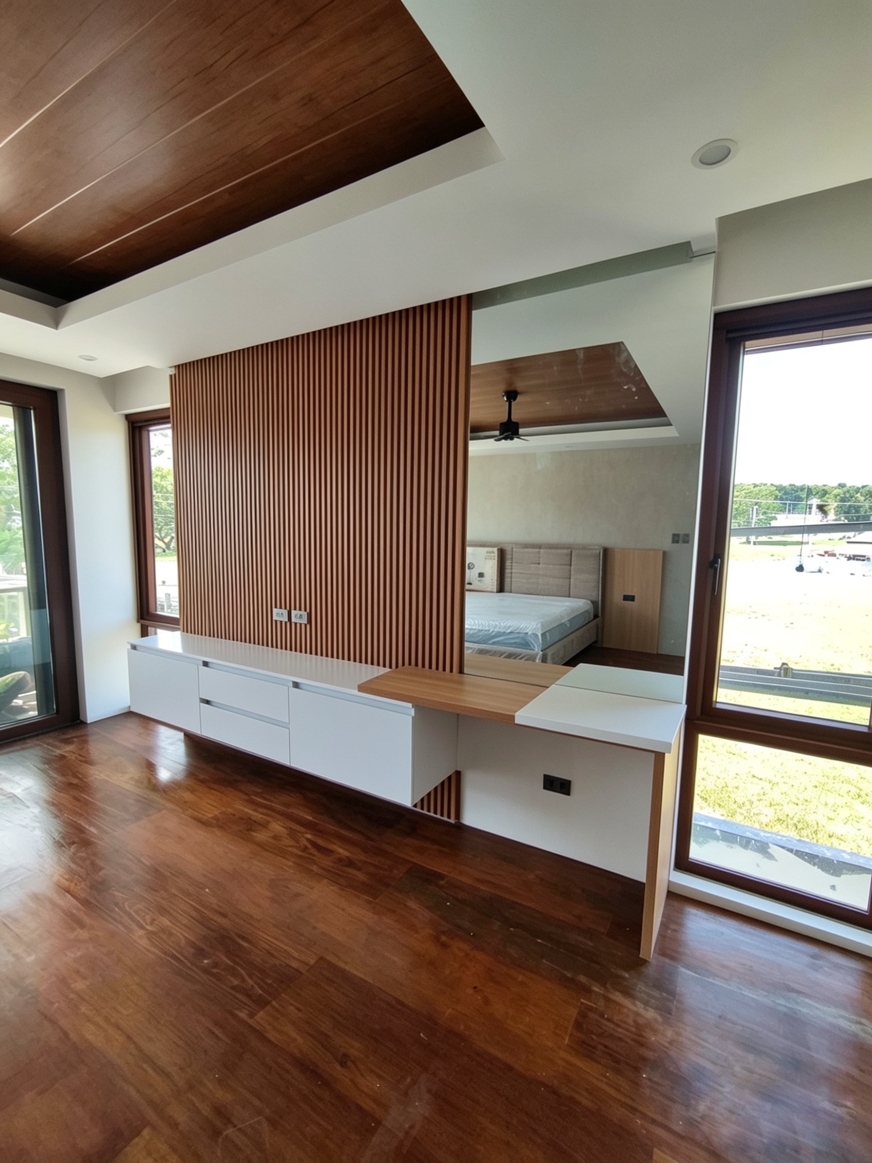 Floating TV console with slatted wood panel feature wall