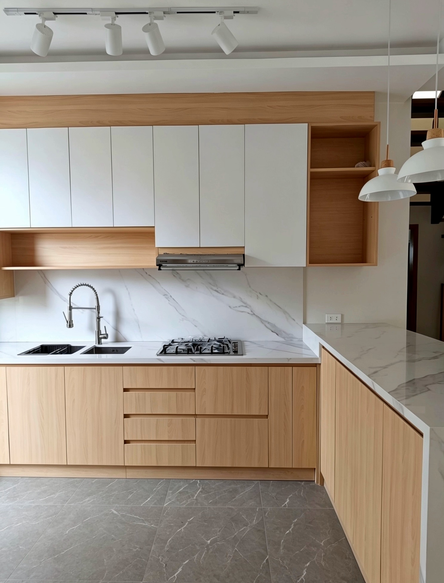 White and wood kitchen cabinets with quartz countertop and marble backsplash