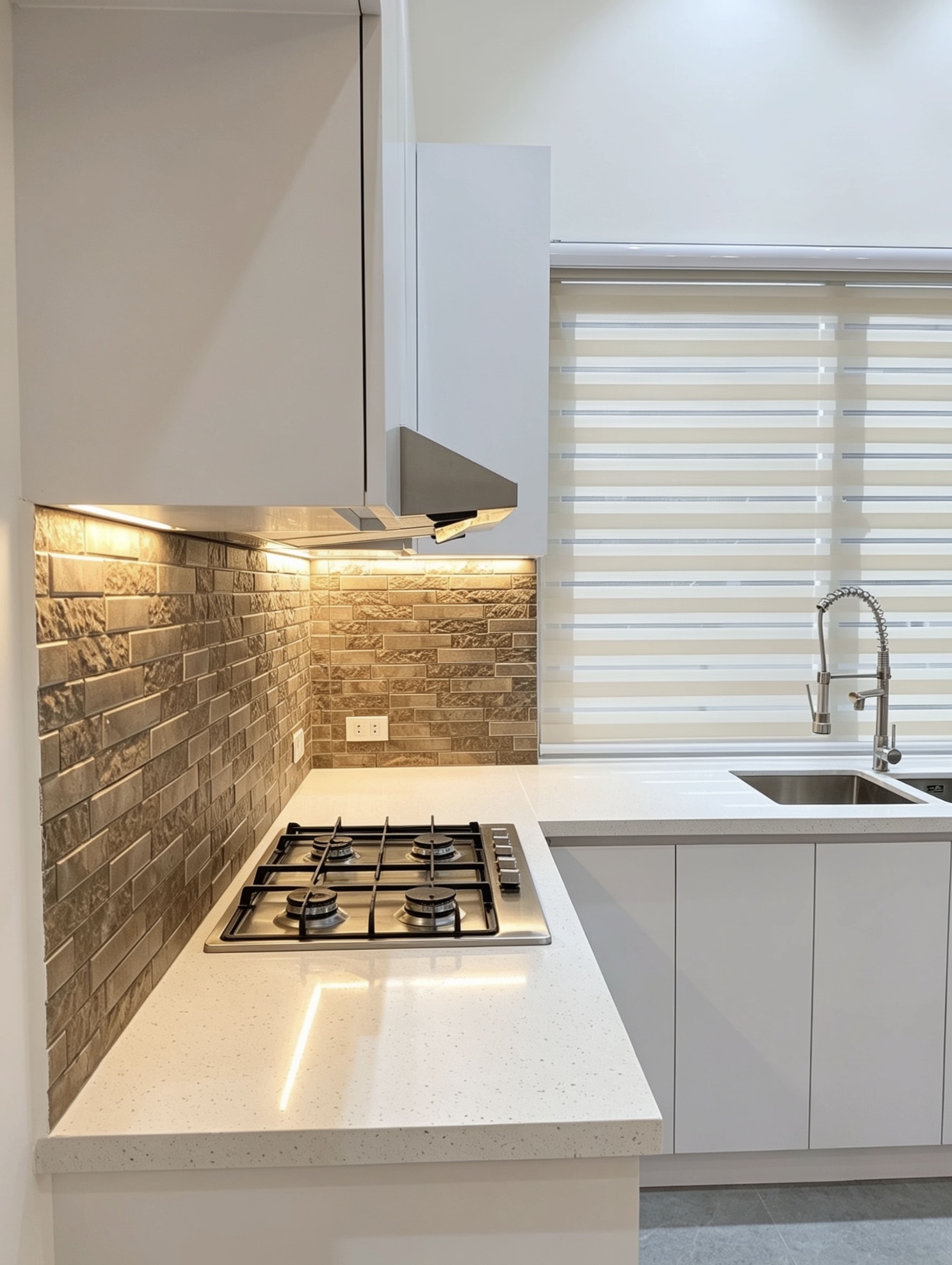 White modular kitchen with stone tile backsplash and quartz countertop
